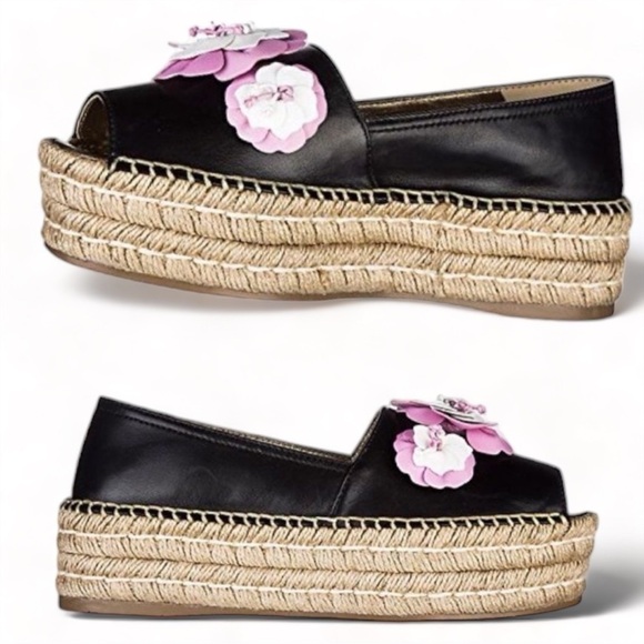 PRADA Napa Flower Leather Platform Peep Toe Slip on Espadrilles BEGONIA NEW - Picture 1 of 11